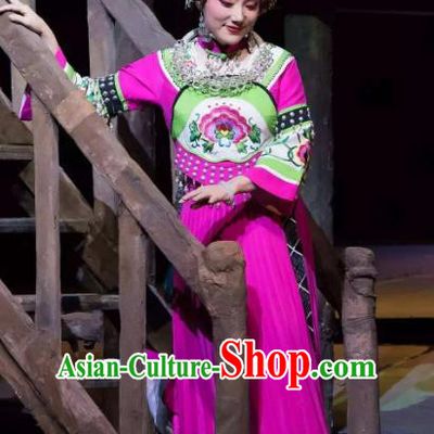 Chinese Huangmei Opera Tujia Nationality Young Lady Garment Costumes and Headdress Traditional Anhui Opera Country Woman Pink Dress Apparels