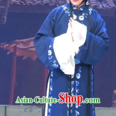 Chinese Ping Opera Tsing Yi Costumes Apparels and Headdress Bao Gong San Kan Butterfly Dream Traditional Pingju Opera Actress Blue Dress Garment