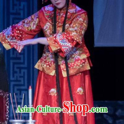 Chinese Ping Opera Bride Red Costumes Apparels and Headdress Geng Niang Traditional Pingju Opera Hua Tan Wedding Dress Garment