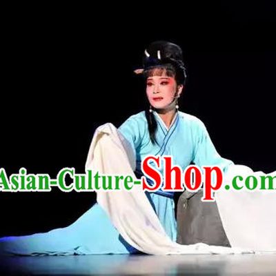 Chinese Shaoxing Opera Civilian Female The Story of Hairpin Qian Yulian Blue Dress Costumes Yue Opera Actress Apparels Garment and Hair Ornament