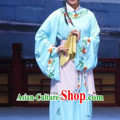 Chinese Ping Opera Actress Young Lady Ai Yu Costumes and Headpieces Xue Yu Bing Shuang Traditional Pingju Opera Dress Servant Girl Blue Garment Apparels