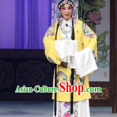Chinese Ping Opera Noble Female Zhan Fei Costumes Apparels and Headpieces Qian Kun Belt Traditional Pingju Opera Diva Yellow Dress Garment