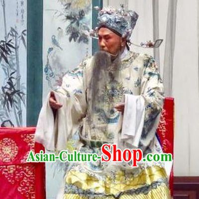 Yu He Qiao Chinese Ping Opera Old Gentleman Costumes and Headwear Pingju Opera Imperial Tutor Ke Apparels Clothing Embroidered Robe