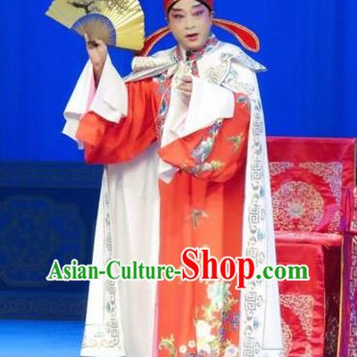 The Wrong Red Silk Chinese Ping Opera Scholar Xue Chunlin Costumes Pingju Opera Young Male Apparels Clothing and Hat