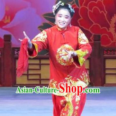 Chinese Ping Opera Elderly Female Ruan Costumes Flower a Matchmaker Apparels and Headpieces Traditional Pingju Opera Old Dame Red Dress Garment