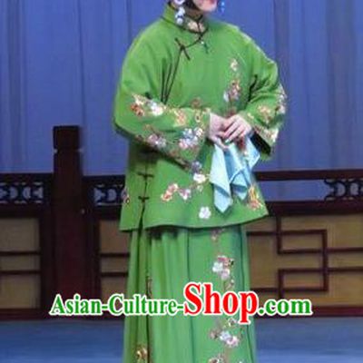 Chinese Ping Opera Young Lady Green Flower a Matchmaker Costumes and Headdress Traditional Pingju Opera Xiandan Dress Garment Apparels