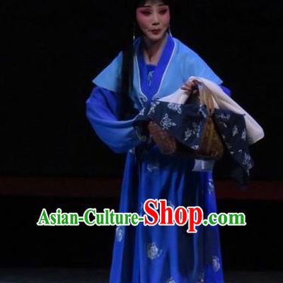 Chinese Ping Opera Country Woman Yang Sanchun Apparels Costumes and Headpieces The Five Female Worshipers Traditional Pingju Opera Diva Blue Dress Garment