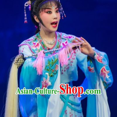 Chinese Ping Opera Hua Tan Goddess Apparels Costumes and Headpieces Legend of Love Traditional Pingju Opera Actress Blue Dress Garment