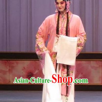 Chinese Ping Opera Huadan Pink Apparels Costumes and Headdress Peach Blossom Temple Traditional Pingju Opera Diva Actress Dress Garment
