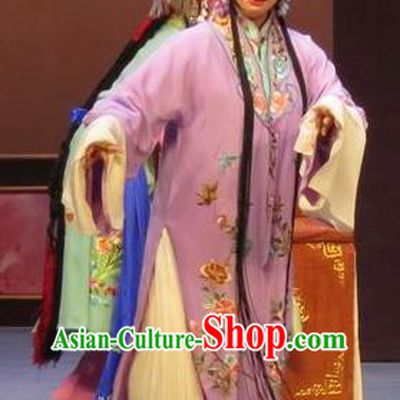 Chinese Ping Opera Apparels Actress Costumes and Headdress Peach Blossom Temple Traditional Pingju Opera Diva Young Mistress Purple Dress Garment