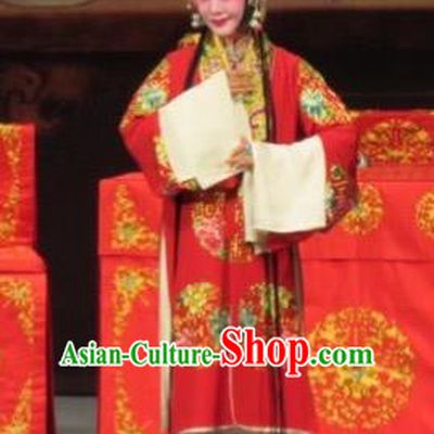 Chinese Ping Opera Bride Apparels Costumes and Headdress Linjiang Post Traditional Pingju Opera Red Dress Diva Zhang Lanzhen Wedding Garment