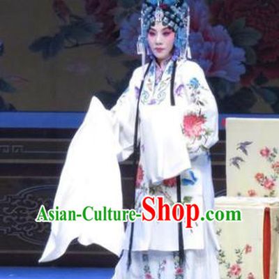 Chinese Ping Opera Diva Liu Jinding Apparels Costumes and Headdress Traditional Pingju Opera San Kan Yu Mei Hua Tan White Dress Garment