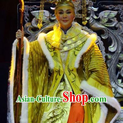 Chinese Ping Opera Queen Mother Golden Costumes Apparels and Headdress Xiaozhuang Changge Traditional Pingju Opera Empress Dowager Dress Garment