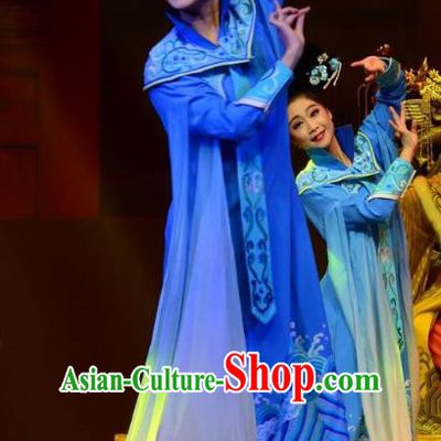 Chinese Ping Opera Palace Lady Costumes Apparels and Headdress Xiaozhuang Changge Traditional Pingju Opera Actress Blue Dress Garment