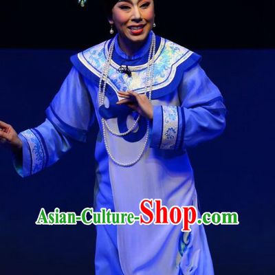 Chinese Ping Opera Palace Lady Costumes Apparels and Headdress Xiaozhuang Changge Traditional Pingju Opera Qing Dynasty Blue Dress Garment