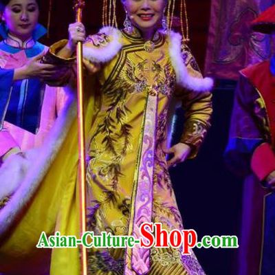 Chinese Ping Opera Qing Dynasty Queen Mother Costumes Apparels and Headdress Xiaozhuang Changge Traditional Pingju Opera Actress Dress Garment