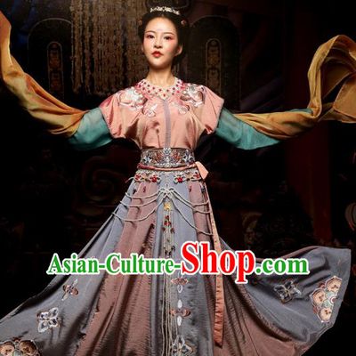Chinese Traditional Tang Dynasty Flying Apsaras Dance Hanfu Dress Ancient Palace Lady Embroidered Apparels Historical Costumes Complete Set