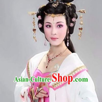 Chinese Shaoxing Opera Imperial Consort Costumes Zhen Huan Apparels Yue Opera Diva Garment Hua Tan Young Lady White Dress and Hair Jewelry