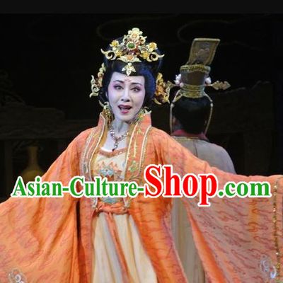 Chinese Shaoxing Opera Diva Orange Dress Costumes and Headpieces Zhen Huan Apparels Yue Opera Hua Tan Imperial Consort Garment
