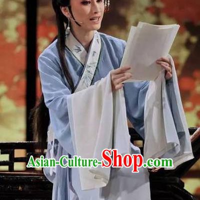 Chinese Shaoxing Opera Diva Garment Phoenix Tears Apparels Yue Opera Hua Tan Actress Costumes Female Blue Dress and Headpiece