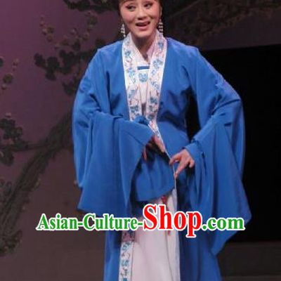 Chinese Shaoxing Opera Elderly Woman Garment Shuang Yu Chan Yue Opera Actress Costumes Middle Age Female Blue Dress Apparels and Hair Accessories