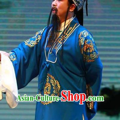 The Wrong Red Silk Chinese Yue Opera Elderly Male Apparels Shaoxing Opera Laosheng Costumes Garment Landlord Blue Robe and Hat