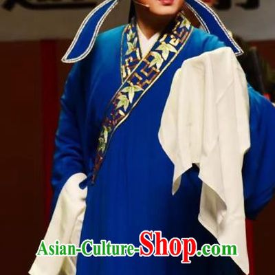 Chinese Yue Opera Xiao Sheng Scholar Costumes and Hat Shaoxing Opera Yan Zhi Apparels Young Male Garment Blue Embroidered Robe