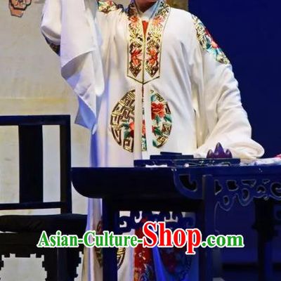 Chinese Yue Opera Young Male Costumes and Hat Shaoxing Opera Yan Zhi Apparels Garment Scholar White Embroidered Robe