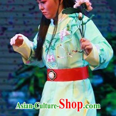 The Wrong Red Silk Chinese Yue Opera Livehand Apparels Shaoxing Opera WaWa Sheng Costumes Servant Garment and Headpiece