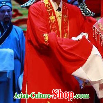 Chinese Yue Opera Niche Scholar The Wrong Red Silk Wedding Apparels Shaoxing Opera Xiao Sheng Costumes Bridegroom Red Garment and Headwear