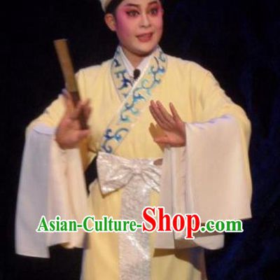 Chinese Yue Opera Artist Tang Bohu Costumes Flirting Garment Shaoxing Opera Scholar Apparels Gifted Youth Yellow Robe and Headwear