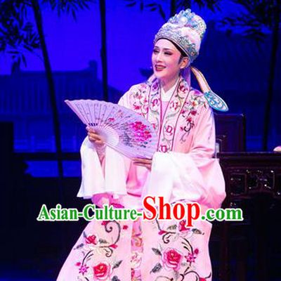 Chinese Yue Opera Niche Costumes Garment Shaoxing Opera Meng Lijun Apparels Young Male Scholar Pink Embroidered Cape and Hat