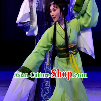 Chinese Shaoxing Opera Young Beauty Diao Chan Apparels Costumes Yue Opera Hua Tan Actress Garment Green Hanfu Dress and Hair Accessories