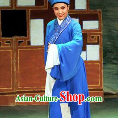 Chinese Yue Opera Servant Costumes Flirting Scholar Garment Shaoxing Opera Young Male Role Xiaosheng Hua An Apparels Blue Robe and Hat