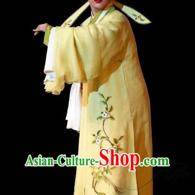 Chinese Yue Opera Xiao Sheng Young Male Costumes and Hat Shaoxing Opera Dong Xiaowan And Mao Bijiang Apparels Garment Scholar Yellow Embroidered Robe