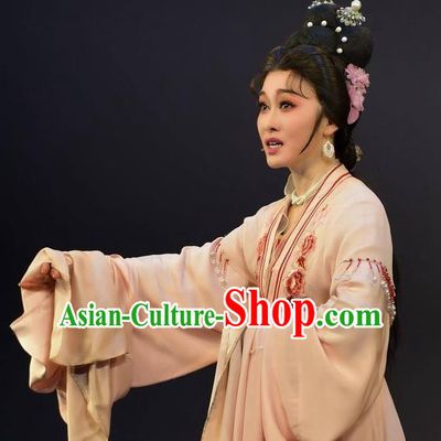 Chinese Shaoxing Opera Talented Woman Dress Garment Yue Opera Lu You And Tang Wan Hua Dan Costumes Young Female Apparels and Hair Ornaments