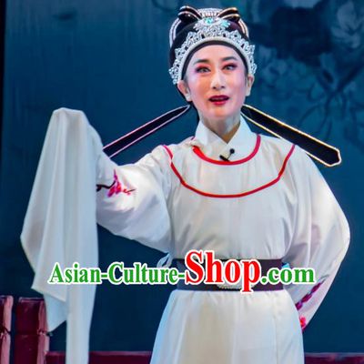 Chinese Yue Opera Xiao Sheng Official Lu You And Tang Wan Costumes and Hat Shaoxing Opera Scholar Apparels Young Male White Robe Garment