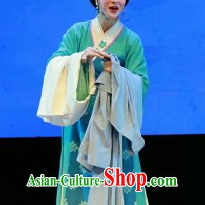 Chinese Shaoxing Opera Country Woman Green Dress and Headpiece Yue Opera Shuang Jiao Jie Qin Garment Costumes Actress Young Mistress Apparels