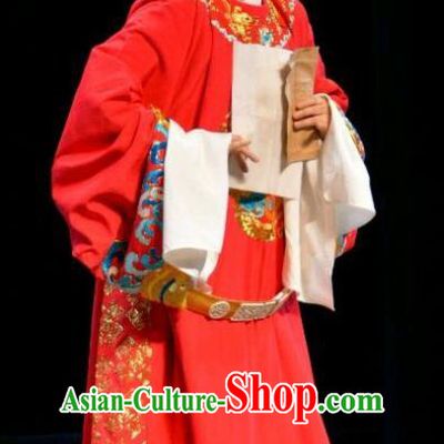 Chinese Yue Opera Official Red Embroidered Robe Feng Xue Yu Qiao Ji Costumes and Headwear Shaoxing Opera Young Male Apparels Scholar Garment