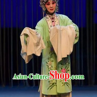 Chinese Shaoxing Opera Huadan Apparels and Headdress Yue Opera Tell On Sargam Garment Costumes Young Lady Green Dress