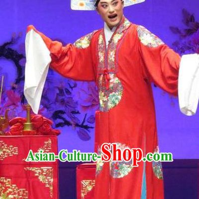Chinese Yue Opera Young Male Tell On Sargam Costumes and Hat Shaoxing Opera Xiaosheng Garment Scholar Red Apparels Clothing