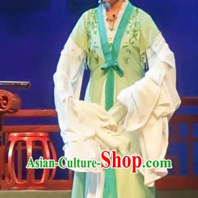 Chinese Shaoxing Opera Noble Female Garment Yue Opera Lu You And Tang Wan Costumes Apparels Young Mistress Green Dress and Hair Ornaments