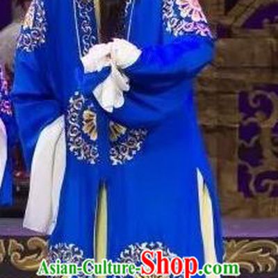 Chinese Yue Opera Elderly Male Wu Nv Bai Shou Costumes and Hat Shaoxing Opera Assistant Minister Apparels Yang Jikang Blue Garment