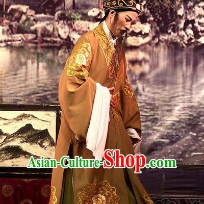 Chinese Yue Opera Laosheng Wu Nv Bai Shou Costumes and Hat Shaoxing Opera Apparels Elderly Male Embroidered Robe Landlord Yang Jikang Garment