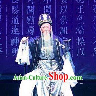 Chinese Yue Opera Old Man Costumes and Headwear Han Xing Wei Yang Shaoxing Opera Garment Han Dynasty Elderly Male Clothing Apparels