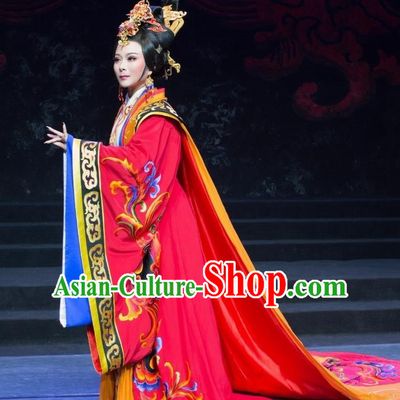 Chinese Shaoxing Opera Empress Dress Costume and Headdress Yue Opera Apparels Court Lady Han Dynasty Queen Garment