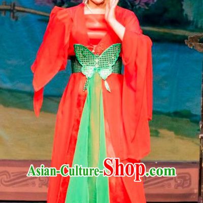 Chinese Shaoxing Opera Actress Red Dress Apparels and Hair Ornaments Hu Die Meng Butterfly Dream Yue Opera Young Lady Tian Xiu Garment Costumes