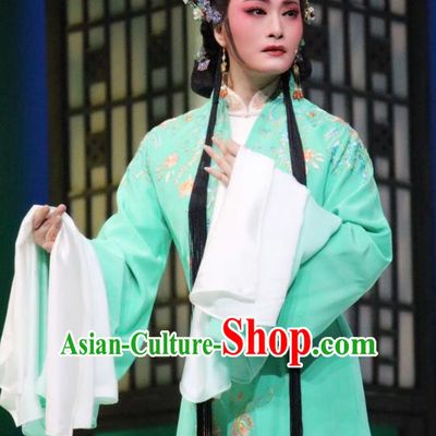 Chinese Shaoxing Opera Huadan Young Female Hui Niang Costumes and Hair Accessories Xiang Luo Ji Yue Opera Actress Garment Apparels Green Dress