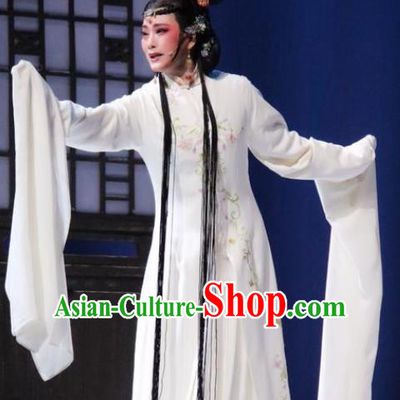 Chinese Shaoxing Opera Tsing Yi White Dress Young Female Hui Niang Costumes and Hair Accessories Xiang Luo Ji Yue Opera Actress Garment Apparels