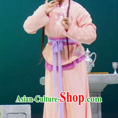 Chinese Shaoxing Opera Maidservant Costumes and Headpiece Xiang Luo Ji Yue Opera Xiaodan Garment Apparels Slave Girl Pink Clothing